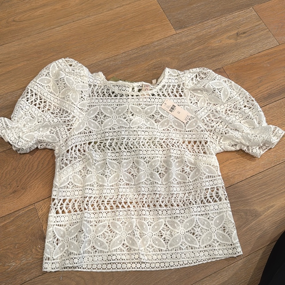 DOLAN x ANTHROPOLOGIE Puff-Sleeve white lace green bow top NWT XS